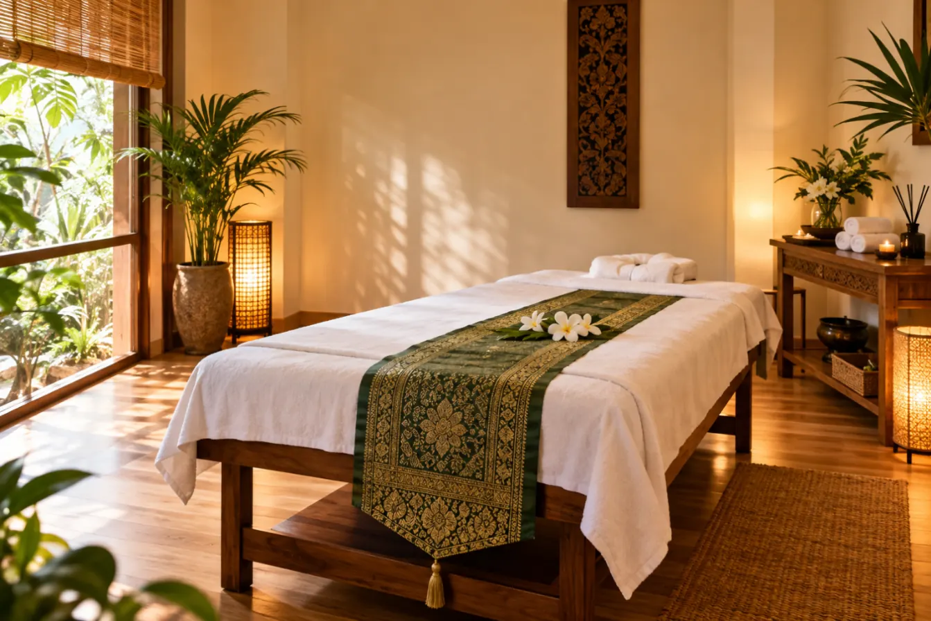 A calm, private treatment room with a massage bed, white towels and warm lighting